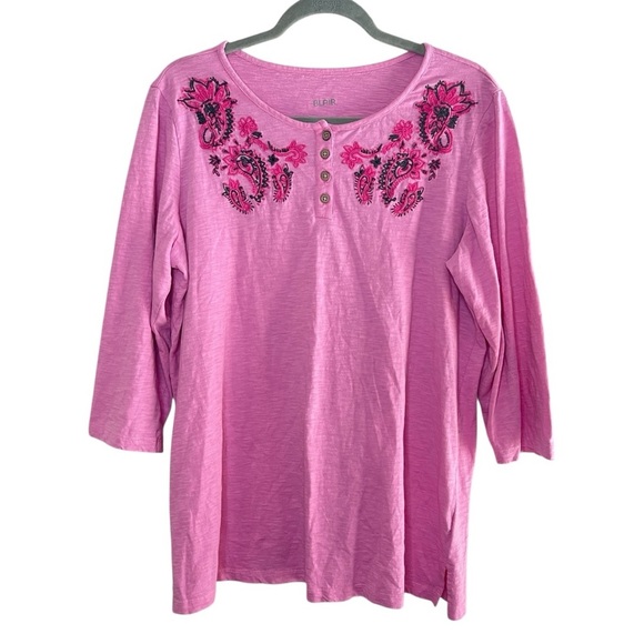 BLAIR Embroidered Cotton 3/4-Sleeve Henley, Large - Picture 1 of 10